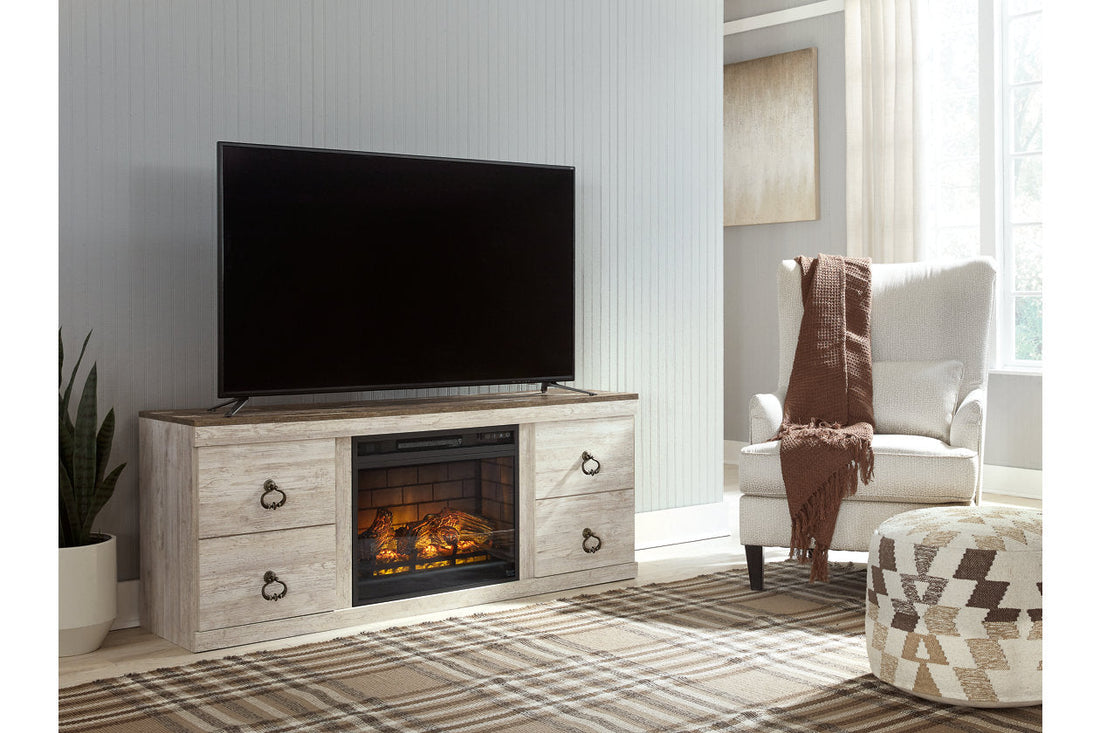 Willowton Whitewash TV Stand with Electric Fireplace - SET | EW0267-268 | W100-101 - Bien Home Furniture &amp; Electronics