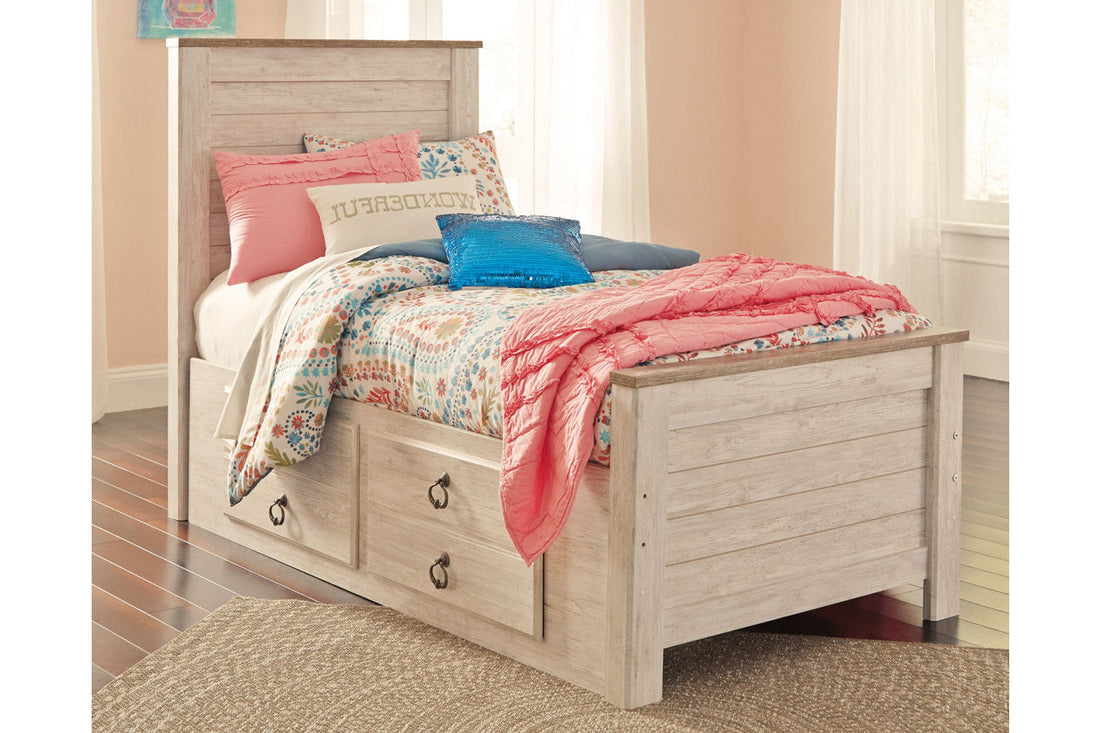 Willowton Whitewash Twin Panel Bed with 2 Storage Drawers - SET | B100-11 | B267-50 | B267-52 | B267-53 - Bien Home Furniture &amp; Electronics