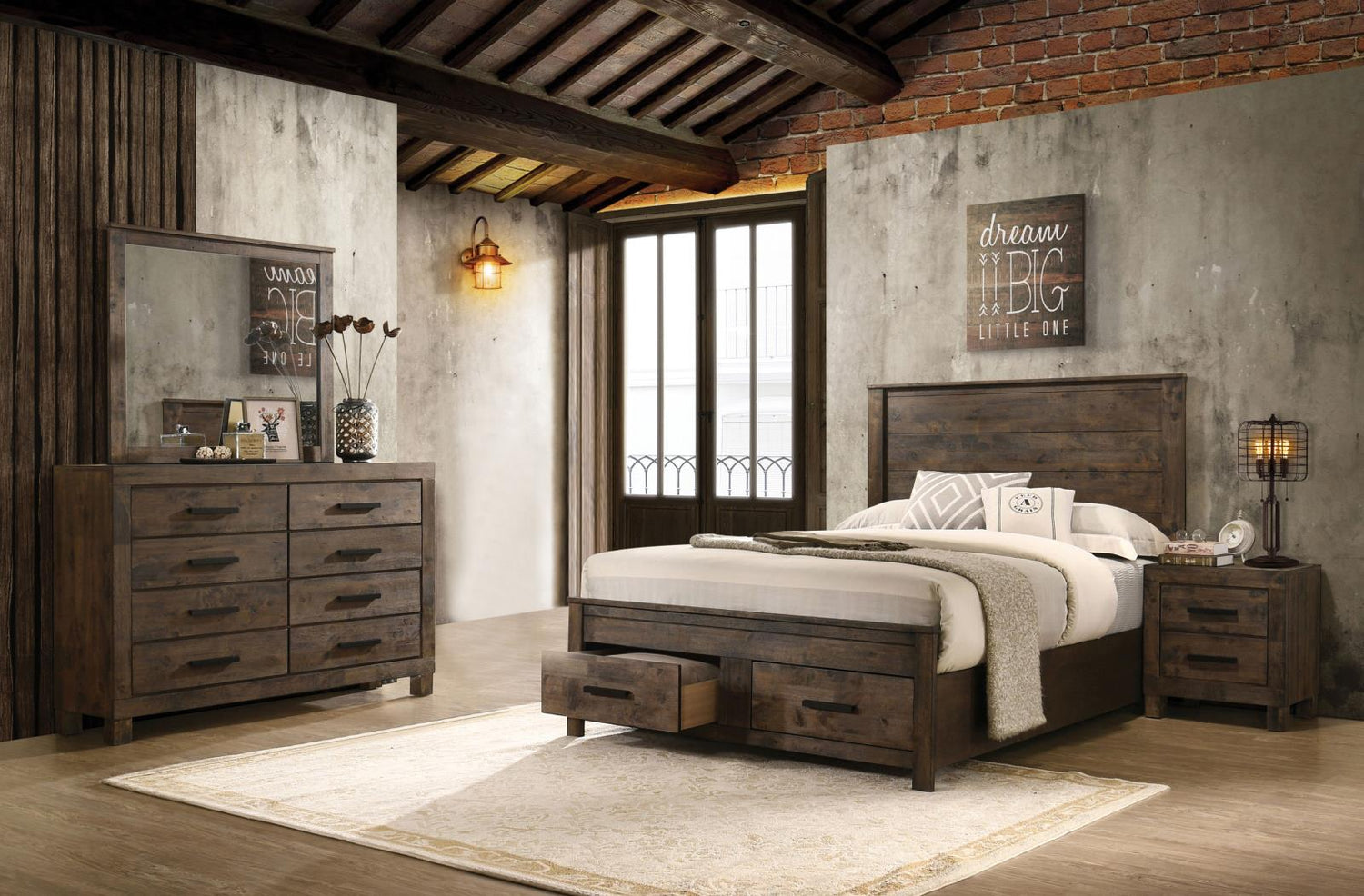 Woodmont 4-Piece Eastern King Platform Bedroom Set Rustic Golden Brown - 222631KE-S4 - Bien Home Furniture &amp; Electronics